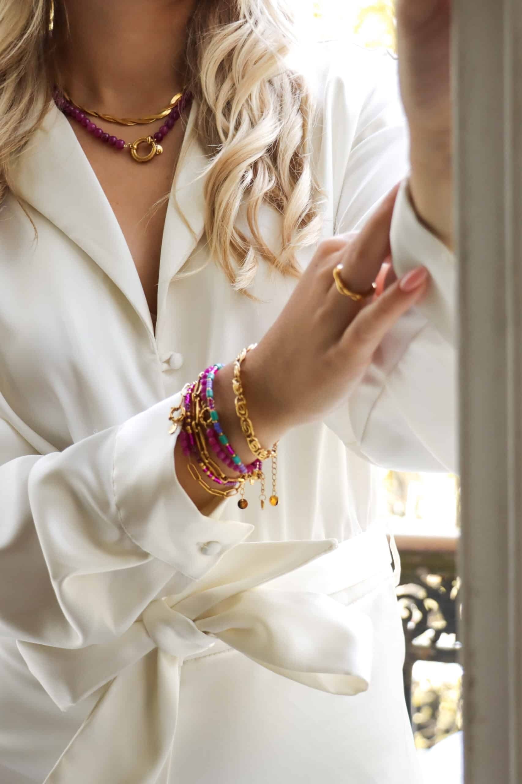 Magenta Beads Bracelet Gold